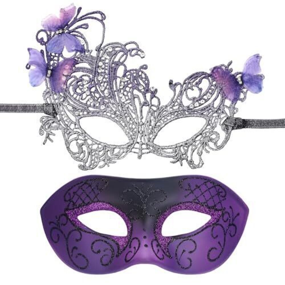 7224 Purple Masquerade Masks for Couple - 2 Pack Mysterious Halloween Mask